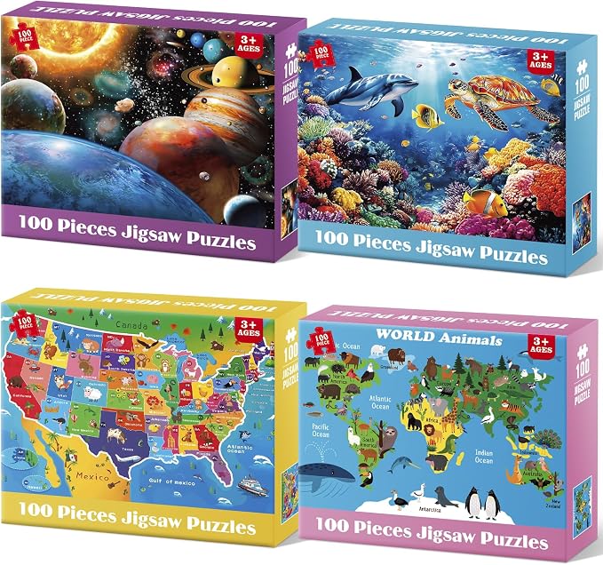 4 Packs 100 Piece Puzzles for Kids Ages 4-6 6-8 8-10, Educational Kids Jigsaw Puzzle Set, Ocean Space US Map World Animals Learning Puzzle Toy Gift for Boys Girls Teens Adults Kids Puzzles 4-6 5-8
