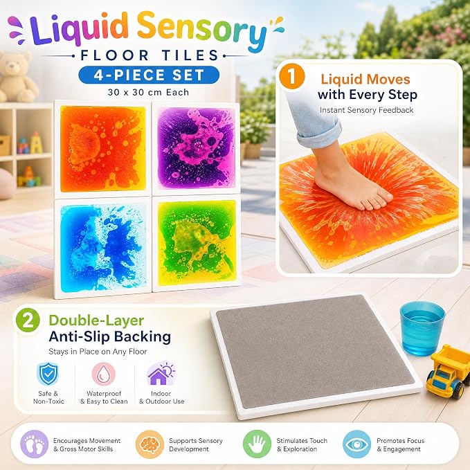 edusense Liquid Sensory Floor Tiles Non-Slip Autism Home&Classroom Play 3+ | Non-Slip Cushioned Motion Tiles for Autism Sensory Play, Home, Motor Skills, Visual Tracking, Ages 3+