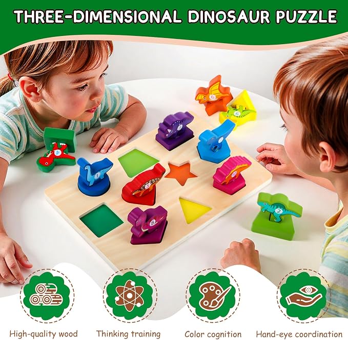 Scuwtocn Dinosaur Shape Puzzle Wooden Montessori Toys for 2 Years Old | Educational Learning Toy for Toddlers 1-3 Years, Color Recognition Wooden Blocks with Numbers
