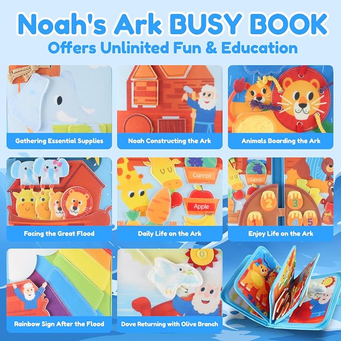 Noah's Ark Busy Book for Toddlers 1-3 - Montessori Toys Busy Board for 1 Year Old Boy Gifts Girl Toys Educational Learning Quiet Activity Books Toddler Easter Basket Stuffers Travel Toys