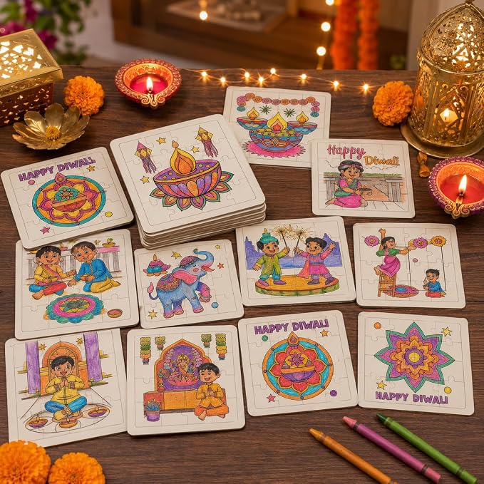 Cinrobiye 24 Pcs Diwali Coloring Puzzle Craft, Deepavali Festival of Lights DIY Activity Jigsaw Puzzle Set, Indian Festival Decorations for Classroom, Home Celebration, Cultural Events, Party Favors