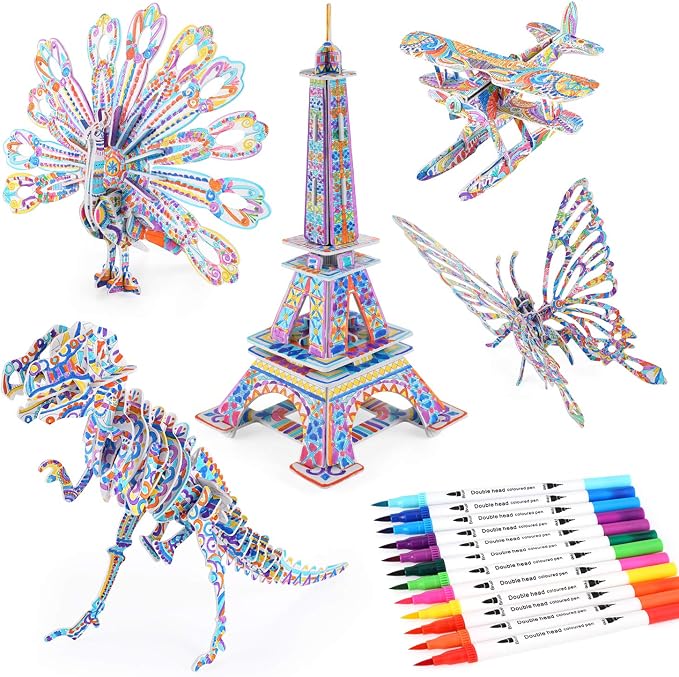 BEARUN 3D Coloring Puzzle Set, Arts and Crafts for Girls and Boys Age 6 7 8 9 10 11 12 Year Old, Fun Educational Painting Crafts Kit with Supplies for Kids, Birthday Toy Gift for Kids