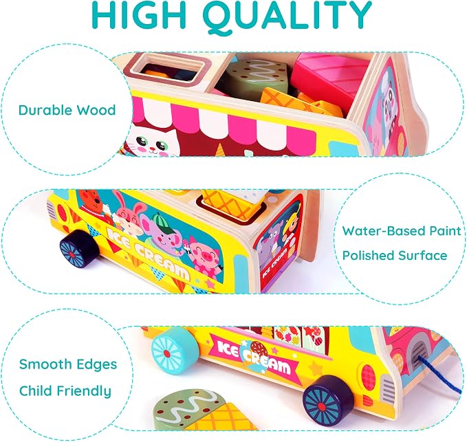 HELLOWOOD Wooden Ice Cream Truck, 28 pcs Magnetic Ice Cream Sweet Treats Pretend Play Food & Accessories, Montessori Sorting & Stacking Toys for Toddler Girls & Boys Age 2-5