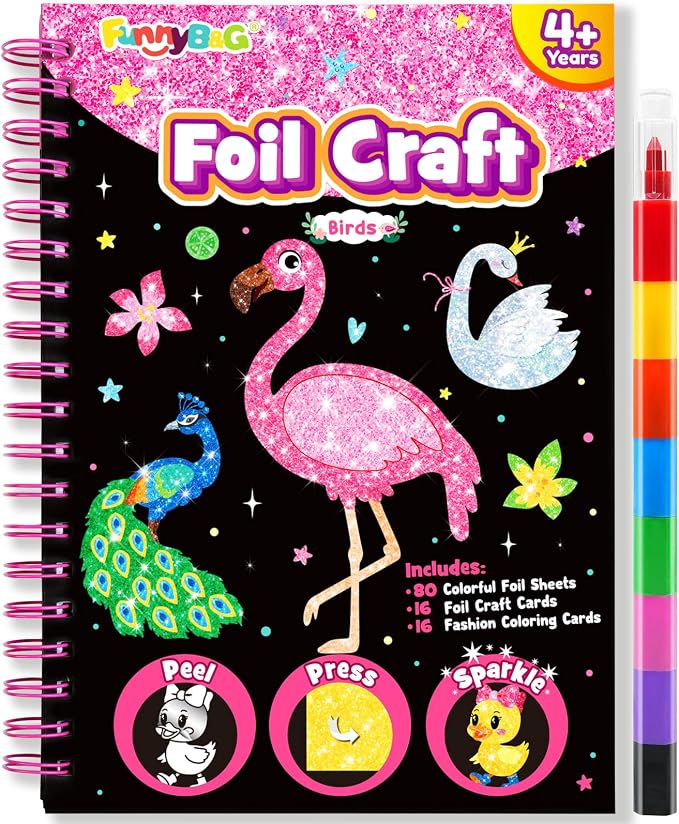 FUNNYB&G Foil Art Craft Kit for Kids, Sparkly Birthday Gift Toy for Girls | No Mess, Kids Ages 4-10 Create Sparkling Artwork, A Creative Gift for Birthdays, Holidays, Travel Activities,Screen-Free Fun