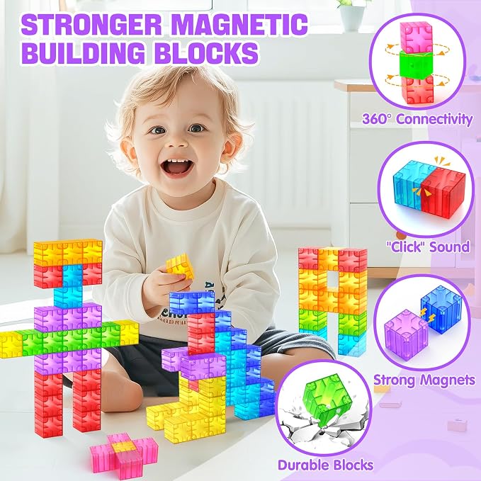 Feoxialy Magnetic Blocks 52pcs Translucent Magnetic Cubes Building Blocks | Digit Magnet Toys for Kids, Rainbow STEM Creativity Toys 3+ Year Old Boys & Girls Toddlers Kids Christmas Birthday Gifts