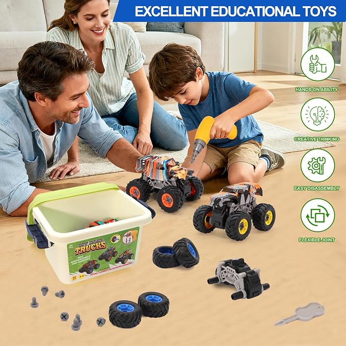 Take Apart Monster Truck STEM Toys for 3-8 Year Old Boys Girls,Educational Building Toys with Electric Drill & Storage Box Gift Birthday Christmas for Boys Girls Kids Toddlers