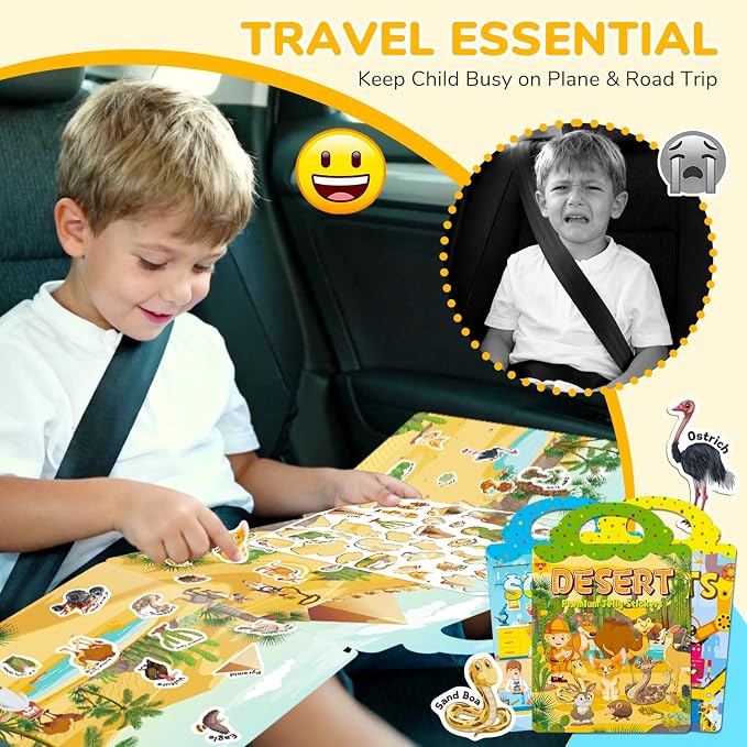 3 Sets of Reusable Jelly Stickers Books - Perfect for 3-6 Year Olds Jelly Stickers Books - Airplane and Car Travel Toys Educational Gifts for Boys and Girls (Robot+Science+Desert