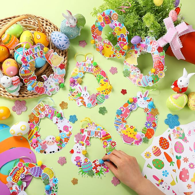 Hollowfly 48 Sets Easter Wreath Craft Kits DIY Paper Ornaments Stickers | For Kids Party Favors and Classroom Activities, Hangable Door Decor, Bulk Easter Craft Supplies for Spring Celebrations