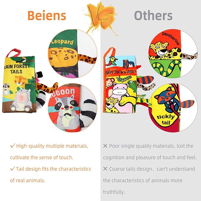 beiens Baby Books Toys, Tummy Time Touch and Feel Sensory Toys for Infant | Crinkle Cloth Book Toy for Baby 0-3-6-12-18 Months, Early Development Stroller Soft Toy, Newborn Shower Gift for Boy Girl