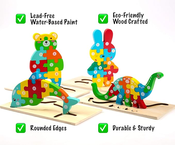 Montessori Mama Wooden Puzzles for Kids Ages 3-5, Montessori Toys for 3 Year Old, Animal Toys Ages 3+, 4-Pack Learning Puzzle