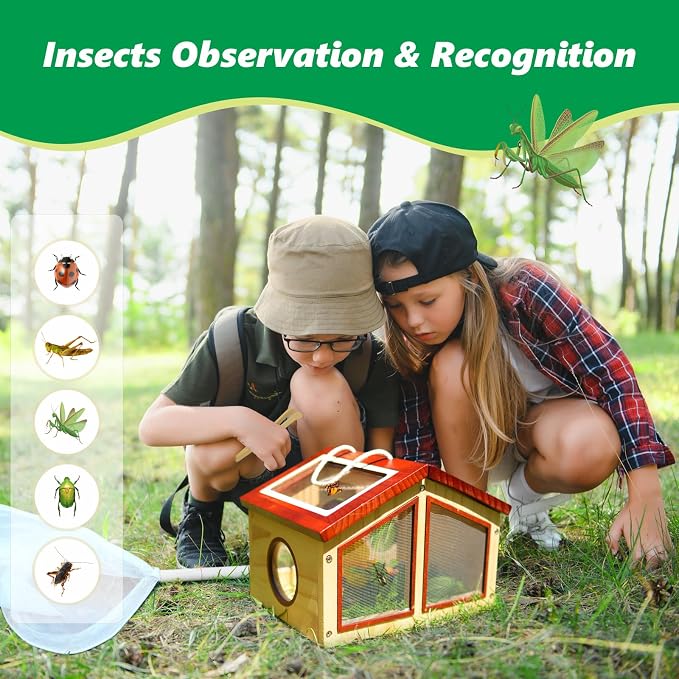 SimpliPlay Kids Explorer Kit & Bug Catcher for Kids, Outdoor Toys | Portable Wooden Bug Habitat, Butterfly Net, Magnifier, Observation Cup, 15 Insect Cards for Toddler 3-8 Year Old Boy Gift