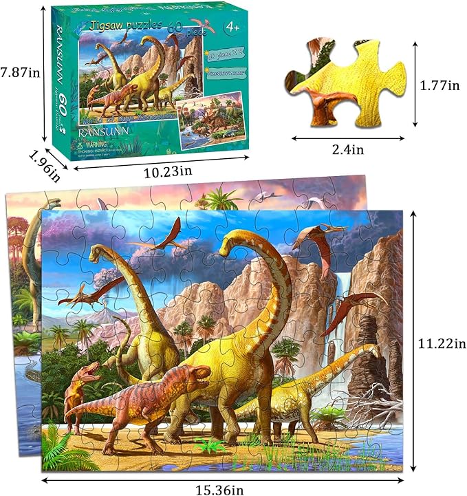 Dinosaur Puzzles for Kids Ages 6-8 4-6 Year Old - World of Huge Dinosaurs | 2 Packs 60 Pieces Jigsaw Puzzle for Toddler Children Learning Educational Puzzles Toys for Boys and Girls.