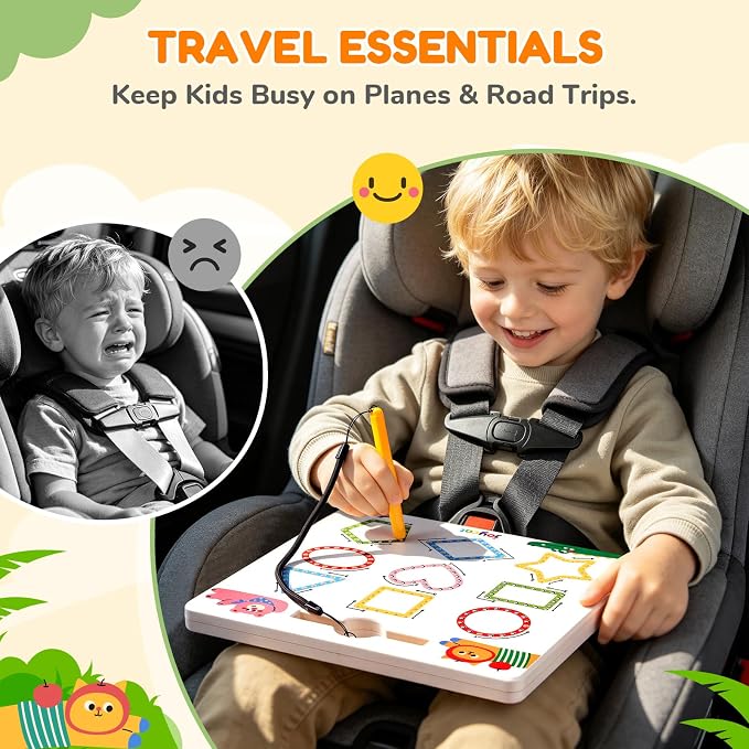 JoyCat Magnetic Animal Shapes and Lines Tracing Board, Pencil Control Toy | 2-in-1 double-sided toy builds pencil control for toddlers; preschool learning and road trip car activities for kids.