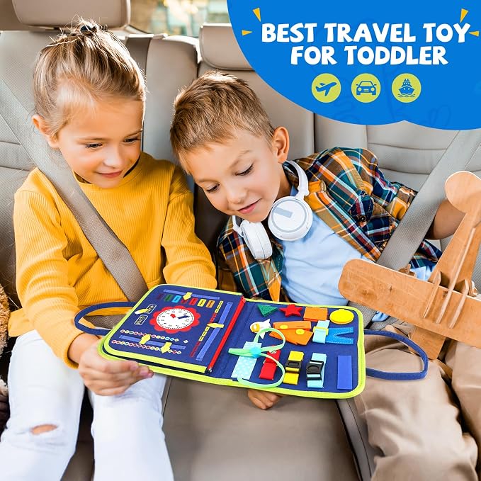Toddler Busy Board, Montessori Sensory Toys for Boys, 3-8 Year Old Girl Toddler Travel Toys, Educational Learning Activities Board for Motor Skills, Birthday Gifts for Airplane Car, Pink
