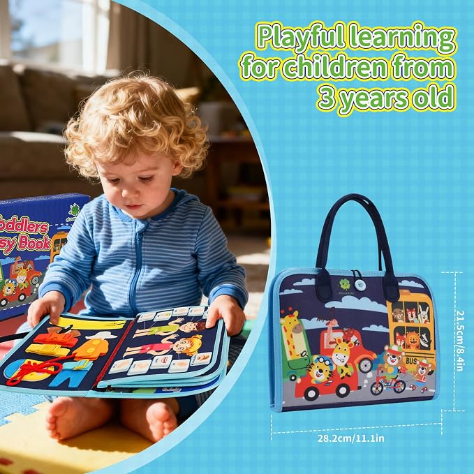 Montessori Busy Book for Toddlers 1-4, Quiet Learning Activity Book – Numbers, Colors, Clock Time, Vehicles, Animal Matching, Dressing Practice, Fine Motor Sensory Travel Toy, Gift for 1-4Y Boys Girls