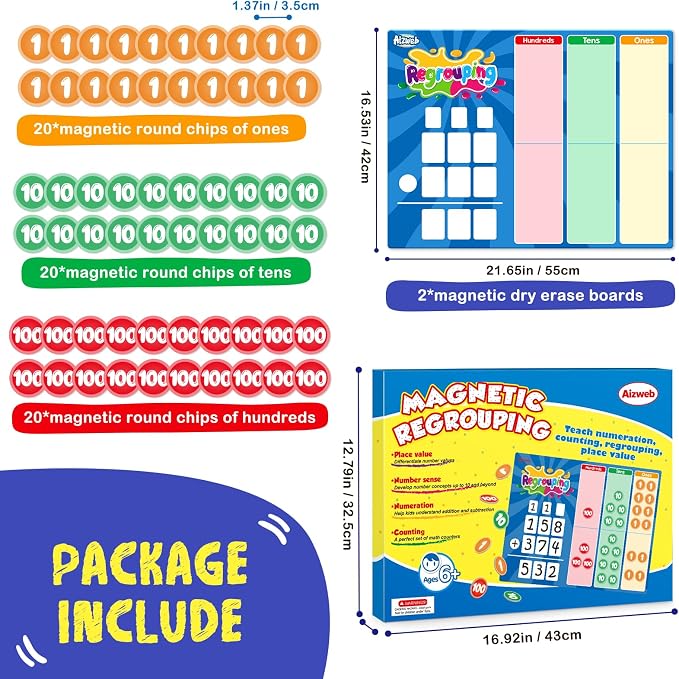 Aizweb Magnetic Regrouping Base Ten Place Value Chart,Addition and Subtraction Math Manipulatives,Dry Erase Board for 1st 2nd 3rd Grade Classroom Must Haves,Hands On Regrouping Math Games for Kids