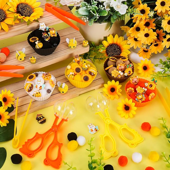282PCS Bee Sensory Bin Filler Spring Summer Bee Fine Motor Sensory Bin Items Includes Pom Poms Sunflower Bee Honeycomb Resin for Counting Sorting Training