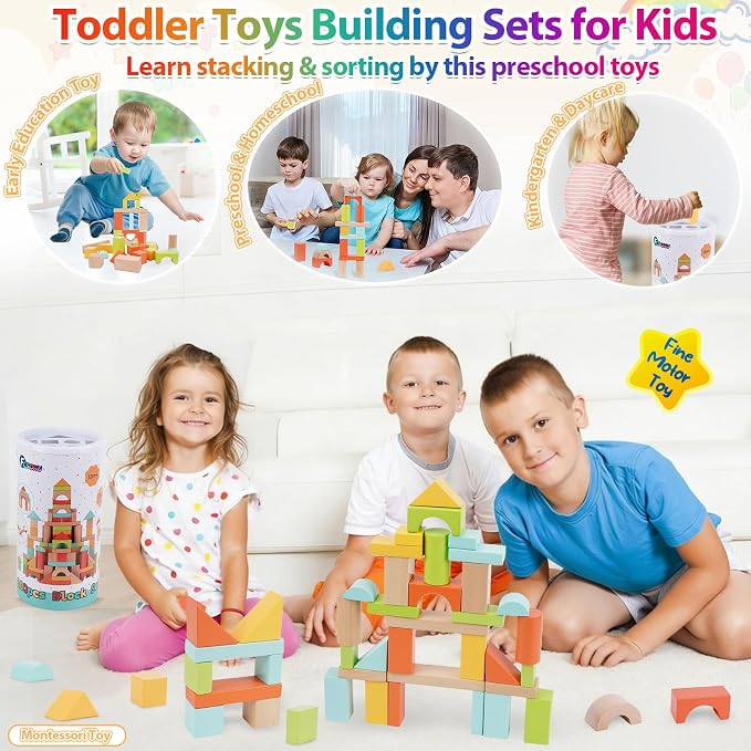 FCSONU Wooden Building Blocks for Toddlers 1-3, 100Pcs Kids Wood Blocks Set | Wooden Blocks for Toddlers 3-5, Montessori Building Toys&Stacking Toys, Easter Christmas 1st Birthday Gifts for Boy Girl Baby