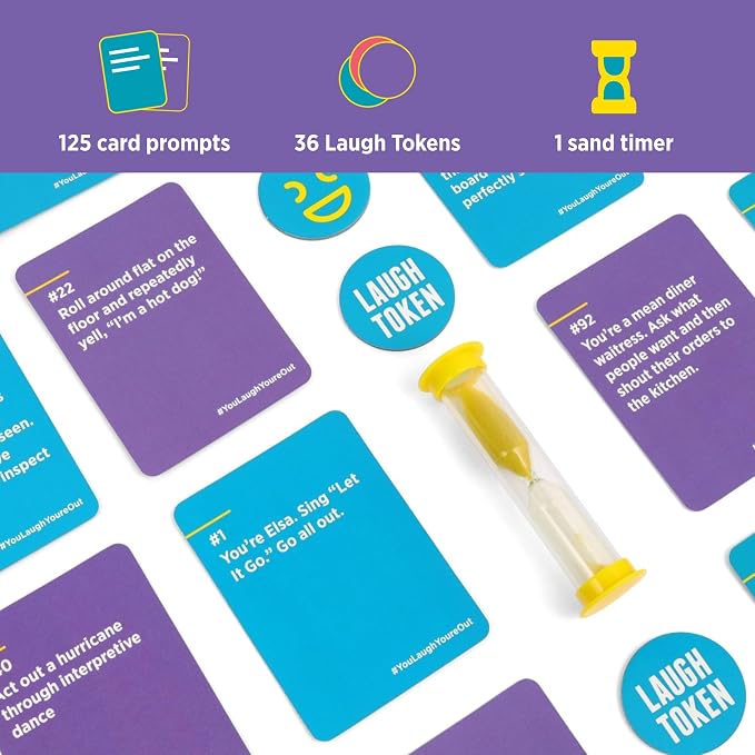 You Laugh You're Out | Charades Party Card Game for Adults & Teens Ages 14+ | 125 Prompt Cards, Laugh Tokens, Sand Timer, 4+ Players, Try Not to Laugh Challenge, Teen Game, Game Night Activity