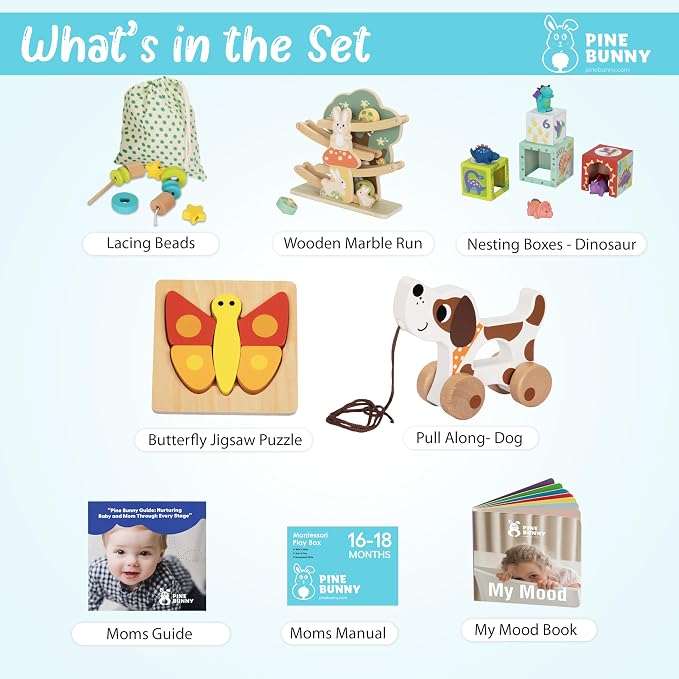 Pine Bunny Montessori Wooden 11-in-1 Toy Set for 16+ Months, Lacing Beads, Wooden Marble Run, Dinosaur Nesting Boxes, Butterfly Puzzle Pull Along Dog Educational Learning Counting STEM Fine Motor Toys