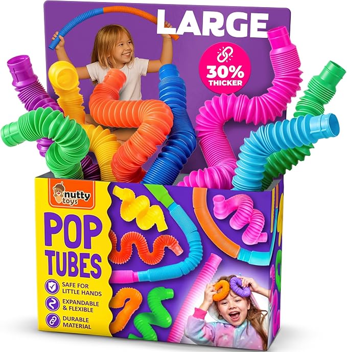 Nutty Toys Pop Tubes - Large 4-Pack Sensory Toys - Creative STEM Learning for Kids & Toddlers - Connect & Pop! Top ADHD Autism Fidget 2026, Best Boy & Girl Christmas Stocking Stuffers Gifts Idea