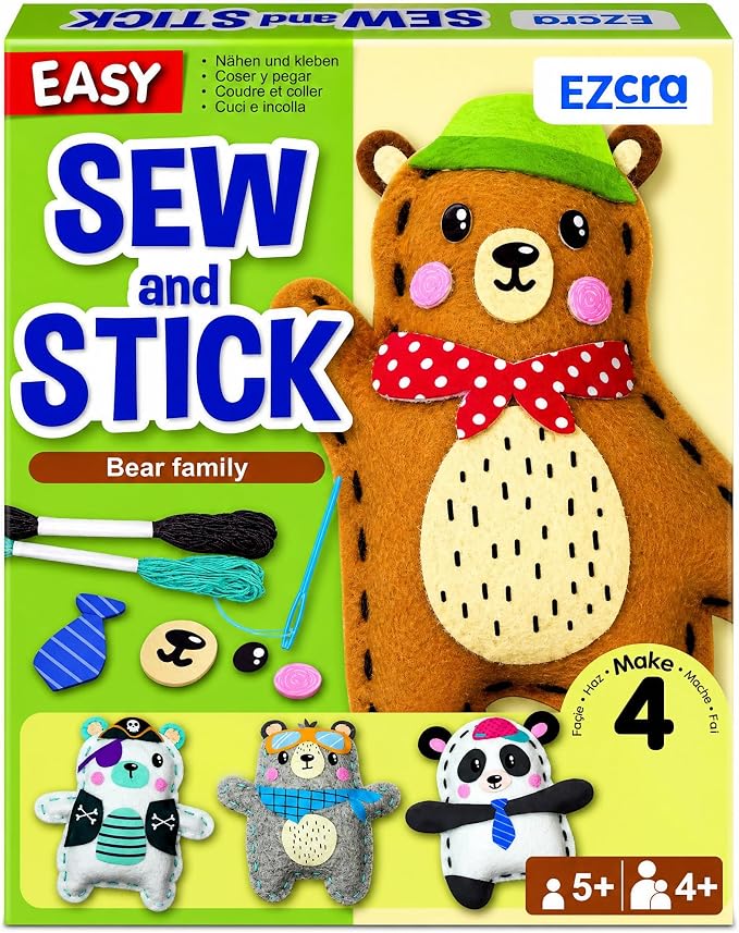 EZCRA Bear Sewing Kit for Kids Ages 4-8 - 4 Beginner Felt Projects | Animal Sewing Craft Kit for Boys and Girls. 4 Beginner DIY Felt Projects. No Mess Gift for Boys and Girls.
