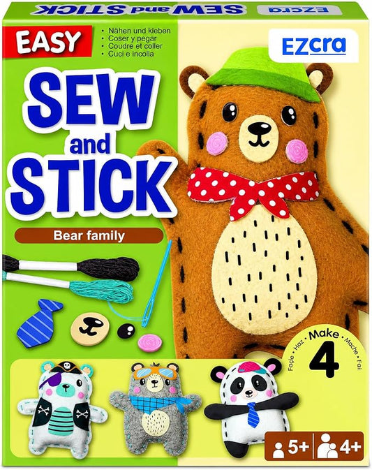 EZCRA Bear Sewing Kit for Kids Ages 4-8 - 4 Beginner Felt Projects | Animal Sewing Craft Kit for Boys and Girls. 4 Beginner DIY Felt Projects. No Mess Gift for Boys and Girls.