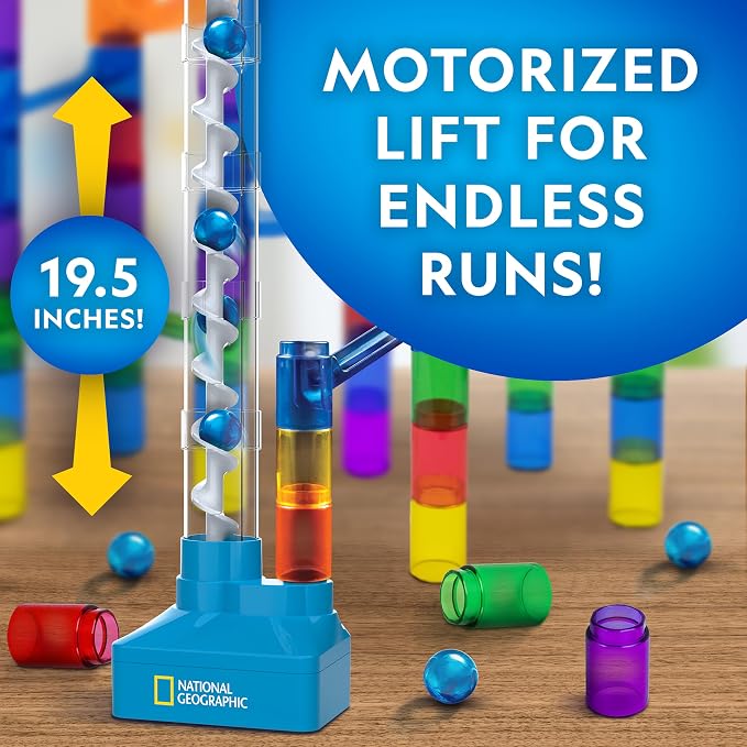 National Geographic Motorized Marble Run 150-Piece Building Set for Kids | Motorized Elevator, 30 Marbles, Storage Bag, Perpetual Motion Machine, Physics Learning, STEM Toy, Marble Maze