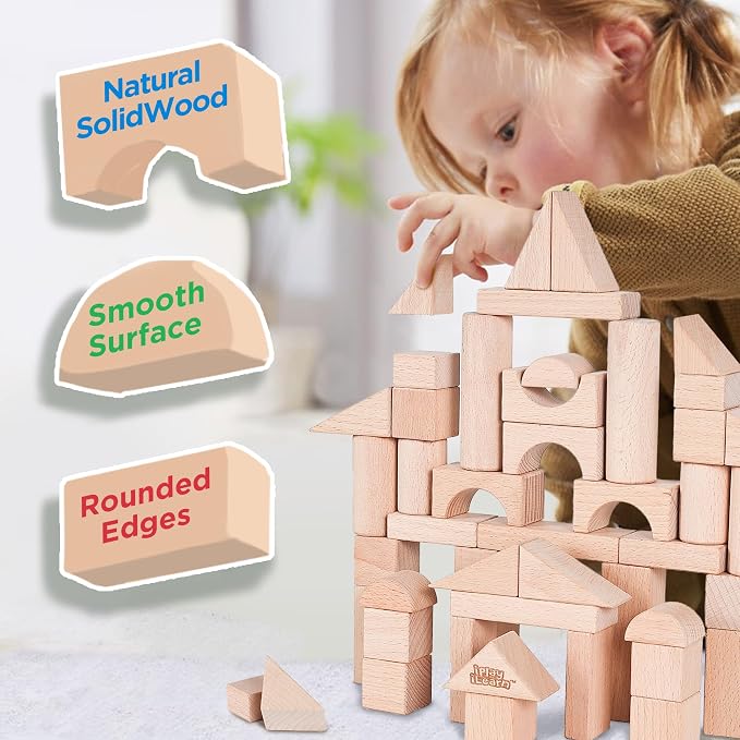 iPlay, iLearn Kid Wooden Building Block Toy Set, Toddler Natural Wood Block | Baby Montessori Learning Toy, Large Hardwood Stacking Brick Castle, Preschool Classroom Gift 2 3-5 8 Year Old Boy Girl Child