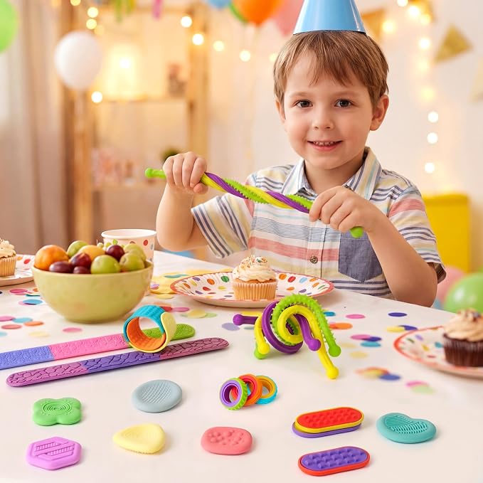 JOYIN 18 PCS Silicone Fidget Toys Set, Quiet Silicone Sensory Toys for Kids & Adults, Stress Relief Pack with Sensory Stones, Fidget Rings, Push Boards, Stretchy Strings & Textured Wristbands