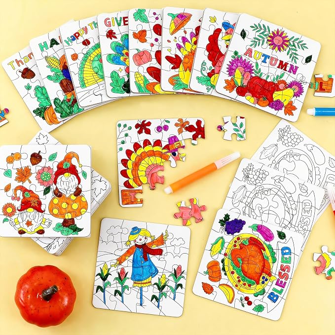 Fall Thanksgiving Crafts for Kids, Autumn Activity Art DIY Kit Blank Puzzle | 24 Set Thanksgiving Jigsaw Pumpkin Turkey for Friendsgiving Party Favors Classroom Gift Coloring Game Toy Supplies Bulk