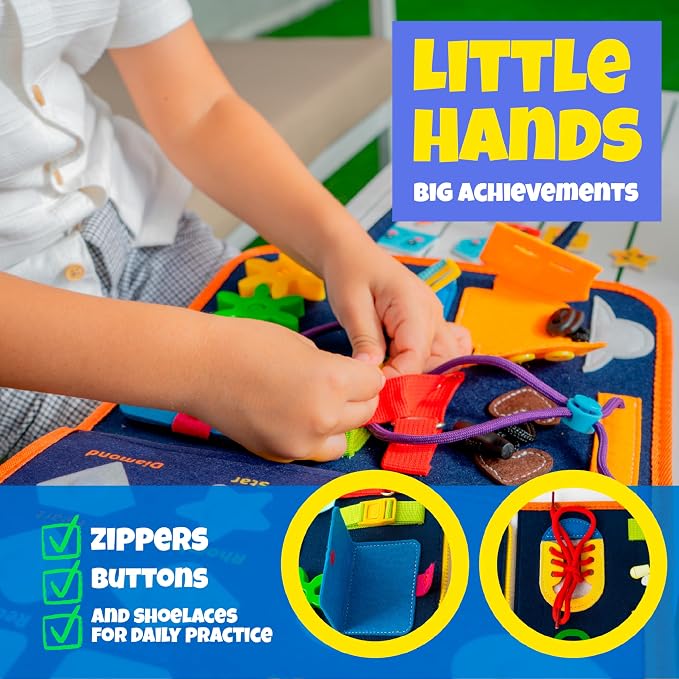 Ibenji Montessori Busy Book for Kids Ages 3+ Sensory Learning Toy with Zippers, Buckles, Letters, Numbers & Puzzles – Travel Quiet Book for Airplane & Car