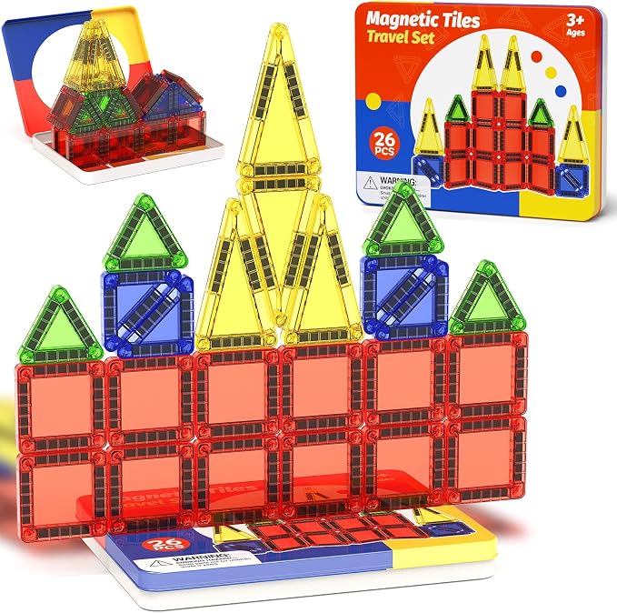 Magnetic Tiles Travel Essentials for Toddlers: 26PCS Storage Case Included | Portable Building Blocks & Car Ride Activities for Ages 3-5 & On-the-Go STEM Learning Gift for Boys & Girls