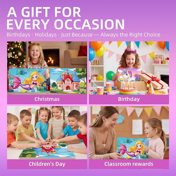 3 Pack 15.7"×8.9" Extra-Large Wooden Puzzle for Toddlers Age 3-5, Mermaid | Extra-Large numbered 1-20 blocks teach counting. Mermaid, castle, pony. Non-toxic, CPC certified, vibrant UV-printed colors