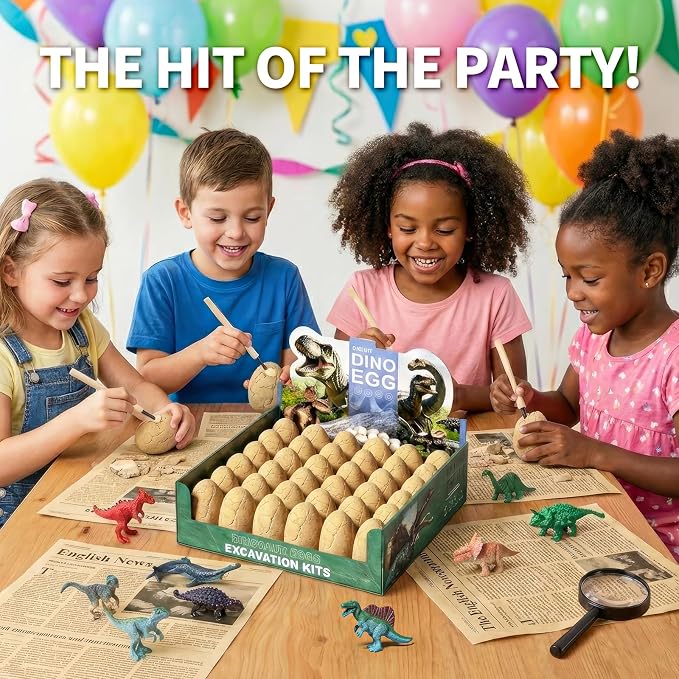 36-Pack Dinosaur Eggs Dig Kit Toys, Excavation Kit with Magnifier | Easter Basket Stuffers for Kids, Science STEM Birthday Party Favors, Gifts for Boys Girls Age 3 4 5 6 7 8 9 10 + Years Old