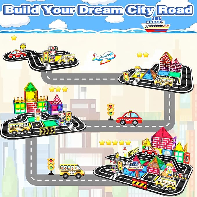 Magnetic Tiles Road Set 100Pcs- Magnetic Building Blocks for Kids Ages 3-5 and 4-8, Preschool STEM Sensory Toys for Kids 3-5, Educational Construction Gift for Boys & Girls Birthday Christmas