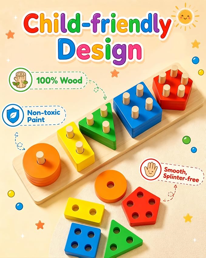 Montessori Toys for 1 2 3 Year Old Boys Girls Toddlers, Wooden Toys Gifts | Sorting Stacking Toys for Toddlers Kids Preschool, Educational Color Recognition Shape Sorter, Learning Puzzles Birthday Gift