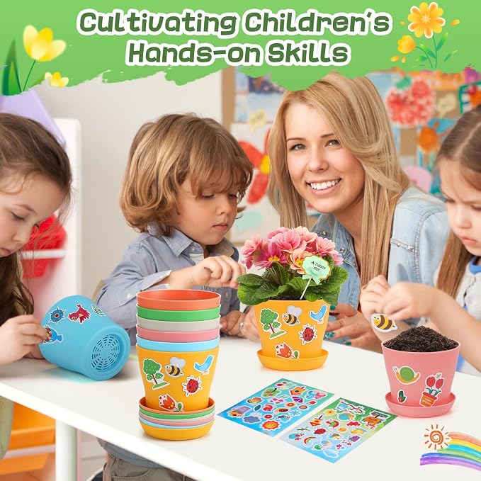Cosweet 36 Pack Durable Resin Garden Pot Craft Kit for Kids | Colorful Flower Plant Crafts with Trays, Stickers & Blank Labels, Art Activities for Classroom School Home DIY Gifts 4+ years