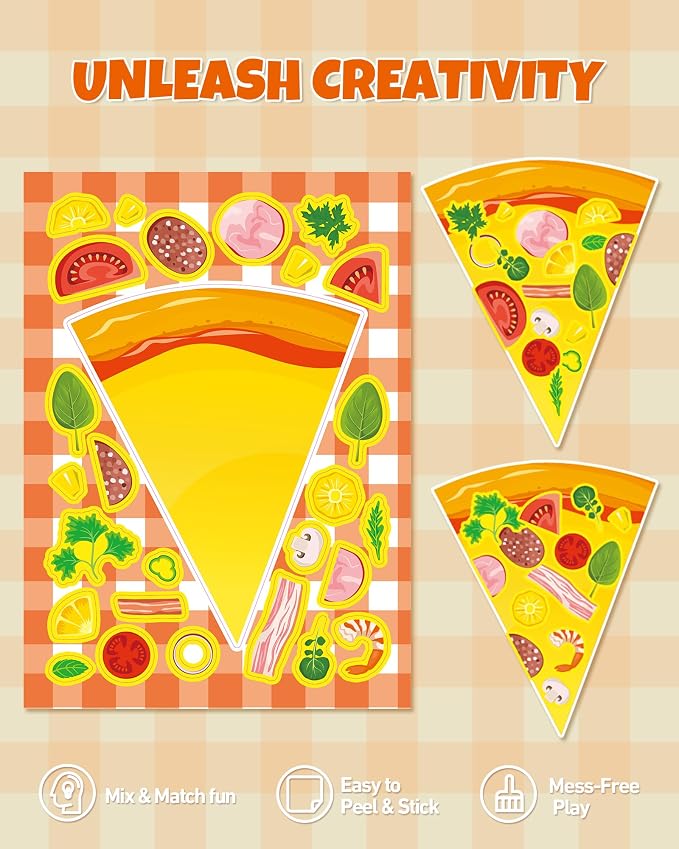 Aowplc 32 Sheets Make A Pizza Stickers for Kids, 8 Designs Mix 'n Match Pizza Crafts, Party Favors & Classroom Activities