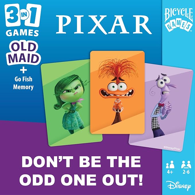 Bicycle Disney Pixar 3-in-1 Card Games Old Maid Go Fish Memory Kids Ages 4 | 3 games in 1 set Old Maid Go Fish and Memory, Toy Story Finding Nemo and Inside Out characters, Ages 4 and up