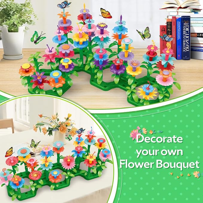 YEEBAY Flower Garden Building Toys for Girls Age 3, 4, 5, 6, 7 Year Old - STEM Gardening Toys for Kids - Stacking Game for Toddlers Play Set - Educational Activity for Preschool (148 PCS) | Flower Stacking Toy with Washable Pieces, Portable Box and Gif...