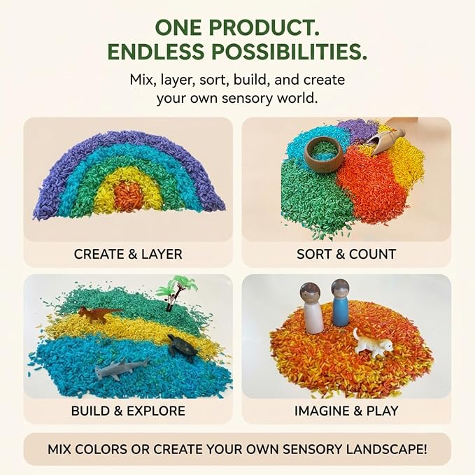 Rainbow Sensory Rice/Bin Filler for Calm, Creative Play. 5 Colors, 5 Cups (2.25 lbs). Montessori Fine Motor Activity for Kids- Non-Toxic, Hand-Dyed, Sensory Toy - Made in USA (5 Cups, 2.2 LBS)