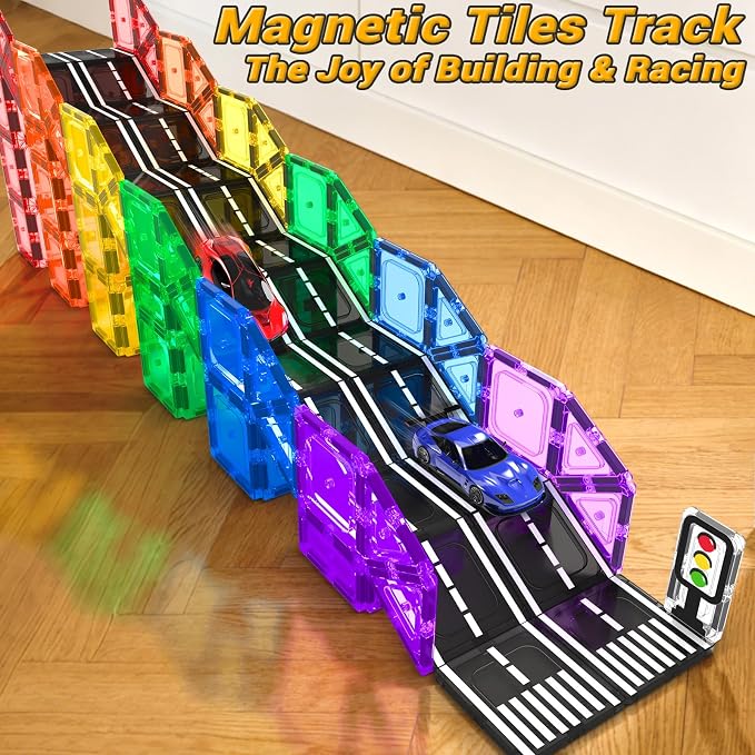 104 PCS Magnetic Tiles Road Set, STEM Magnet Toys Gift for 3+ Year Old Boys | Construction Toys for Kids Ages 3-5 5-7 4-8, Magnet Building Blocks for Toddler, Christmas Birthday Gifts for Boys Girls