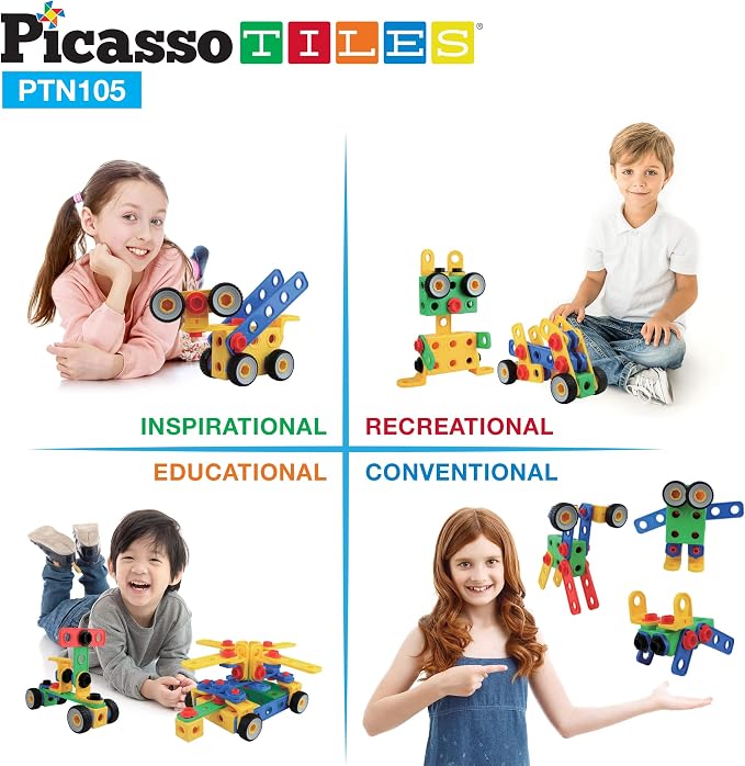 PicassoTiles STEM Learning Toys 105 Piece Building Block Set Kids Construction Engineering Kit Toy Blocks Children Early Education Playset w/IdeaBook, Power Drill, Clickable Ratchet, Age 3+ PTN105