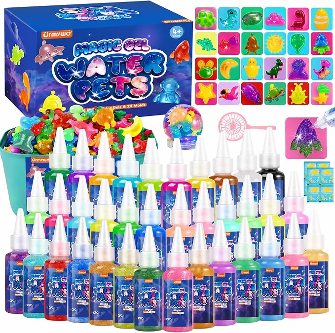 URMYWO Magic Water Elf Toy Kit, 36 Gels & 24 Molds, Squishy Maker for Kids | Aqua Fairy Water Gel Kit with Sparkling, Glow, Bling Gels, Make Your Own Squishies, Dinosaurs Space Molds for DIY Water Pets