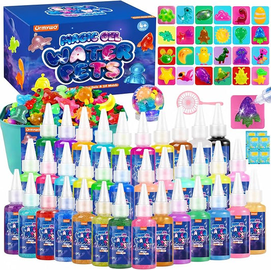 URMYWO Magic Water Elf Toy Kit, 36 Gels & 24 Molds, Squishy Maker for Kids | Aqua Fairy Water Gel Kit with Sparkling, Glow, Bling Gels, Make Your Own Squishies, Dinosaurs Space Molds for DIY Water Pets