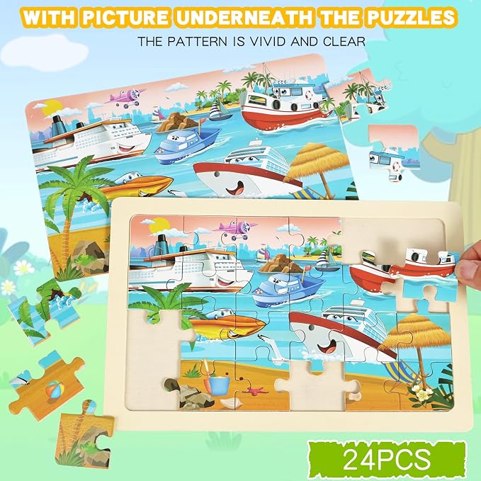 Wooden Puzzles for Kids Ages 4-6, 24 Piece Vehicle Car Construction Jigsaw Puzzles 4 Packs, Preschool Toddlers Learning Activity Puzzles Toys for Boys Girls 3 4 5 6 Years Old