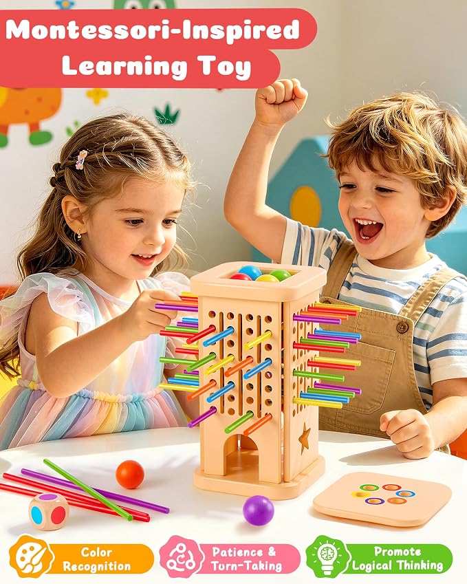 Montessori Wooden Board Game for Kids 3–8, Color Matching Fine Motor Toy | 36 colorful sticks, 3 play modes, fine motor skills & family fun — CPC-certified wood, safe ages 3–8, gift for boys girls