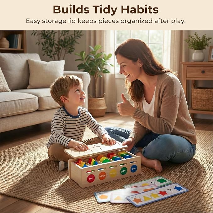 LovesTown 3-in-1 Wooden Shape Color Sorter Box with Logic Cards | Educational Matching Puzzle Game, Fine Motor Skills Development, Montessori Learning, For Toddlers