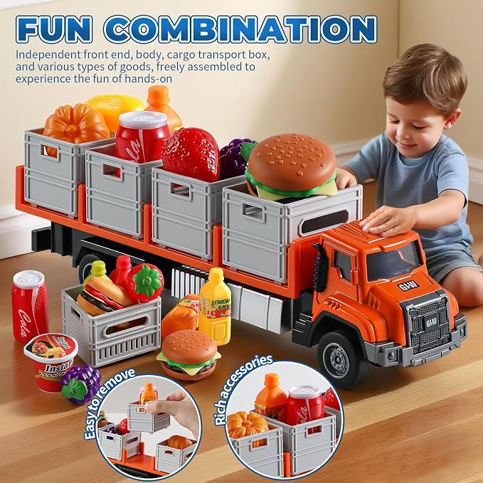 Food Transport Truck Toy for Age 3-8 Kids – 1:55 Alloy Vehicles Head Goods Trailer with Cargo Box and Food Model, Lights & Sounds (Transport Truck White)